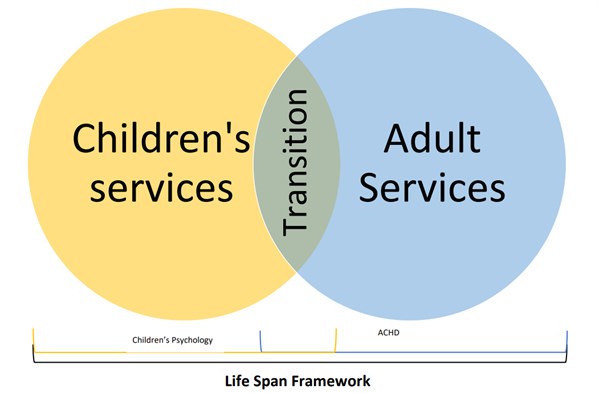 A venn diagram showing how the service works over the course of a patient's life. The cirle on the left says children's services and the circle on the right says adult services. Where they overlap in the middle it says transition. 