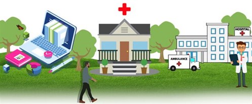 Illustration showing a laptop, a house and a hospital.